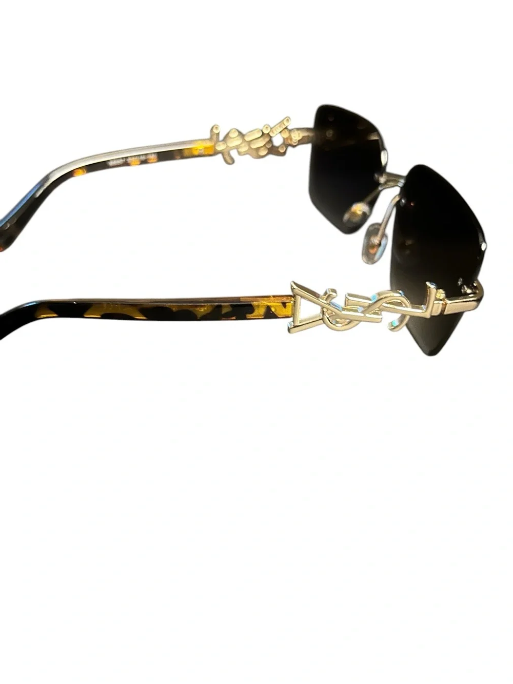 YSL/ Tortoiseshell Arm Rimless Sunglasses with Gold Logo - Brown